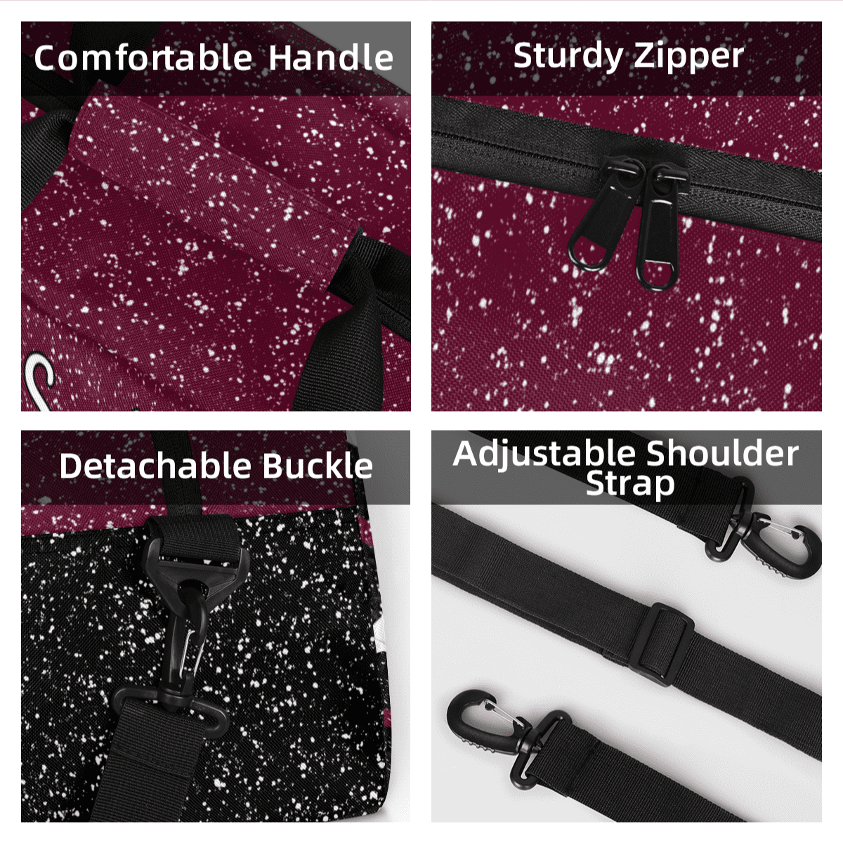 Jiaoprinted Personalized Cheer Bag for Women, Custom Sport Duffel Bag with Name, Customized Gym Bag, Weekender Overnight Bag, Cheerleading Gifts, Black Maroon Glitter
