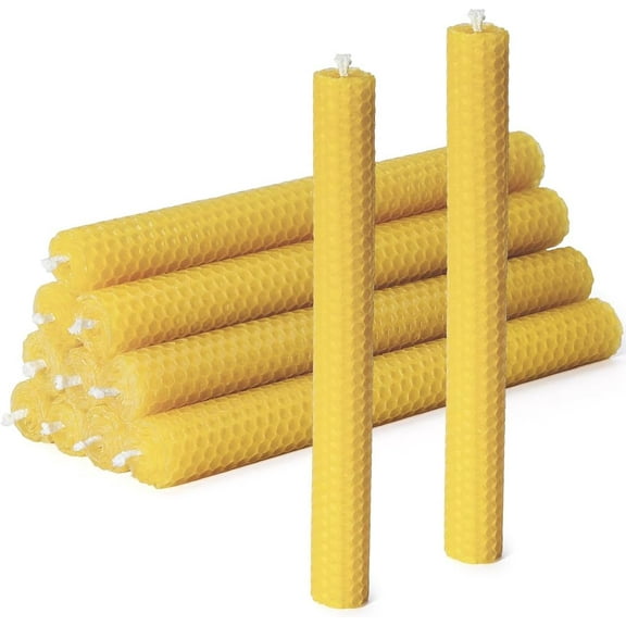Handmade Beeswax Taper Candles, Dripless Wax Candles, Hand-Rolled Honeycomb Candles for Dinner Party, Set of 10 Flat Top（Brown Raw）