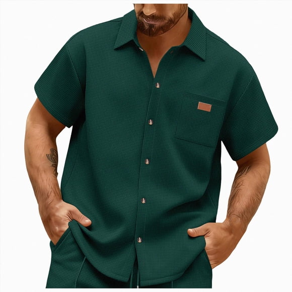 Ymyiu Mens Snap Shirt Mens Short Sleeve Dress Shirts Stretch Wrinke Free Untucked Business Casual Button Down Shirt Regular Fit Size L(Dark Green, L)