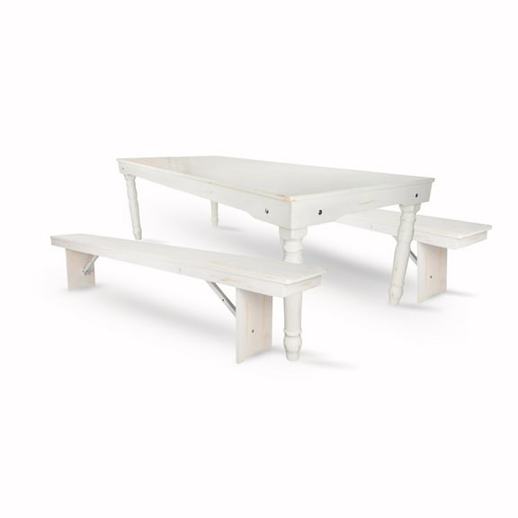 White Distressed Fluted Leg Farm Table Dining Set with 2 Benches by Chivari