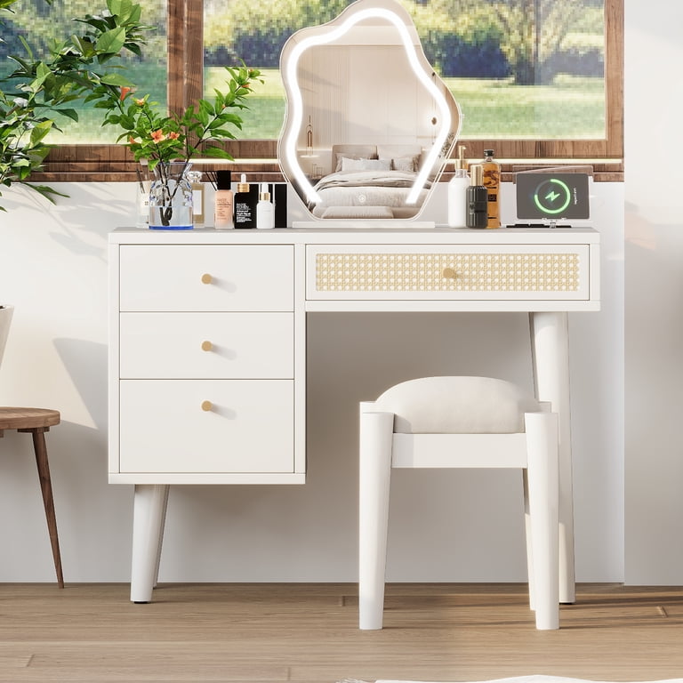 Euroco Rattan-Style Vanity Table with Stool, 4 Drawers, Charging Station &  USB Ports  Makeup Dressing Table with Elegant Metal Handles, Cotton Linen  Cushion & Ample Storage - Walmart.com