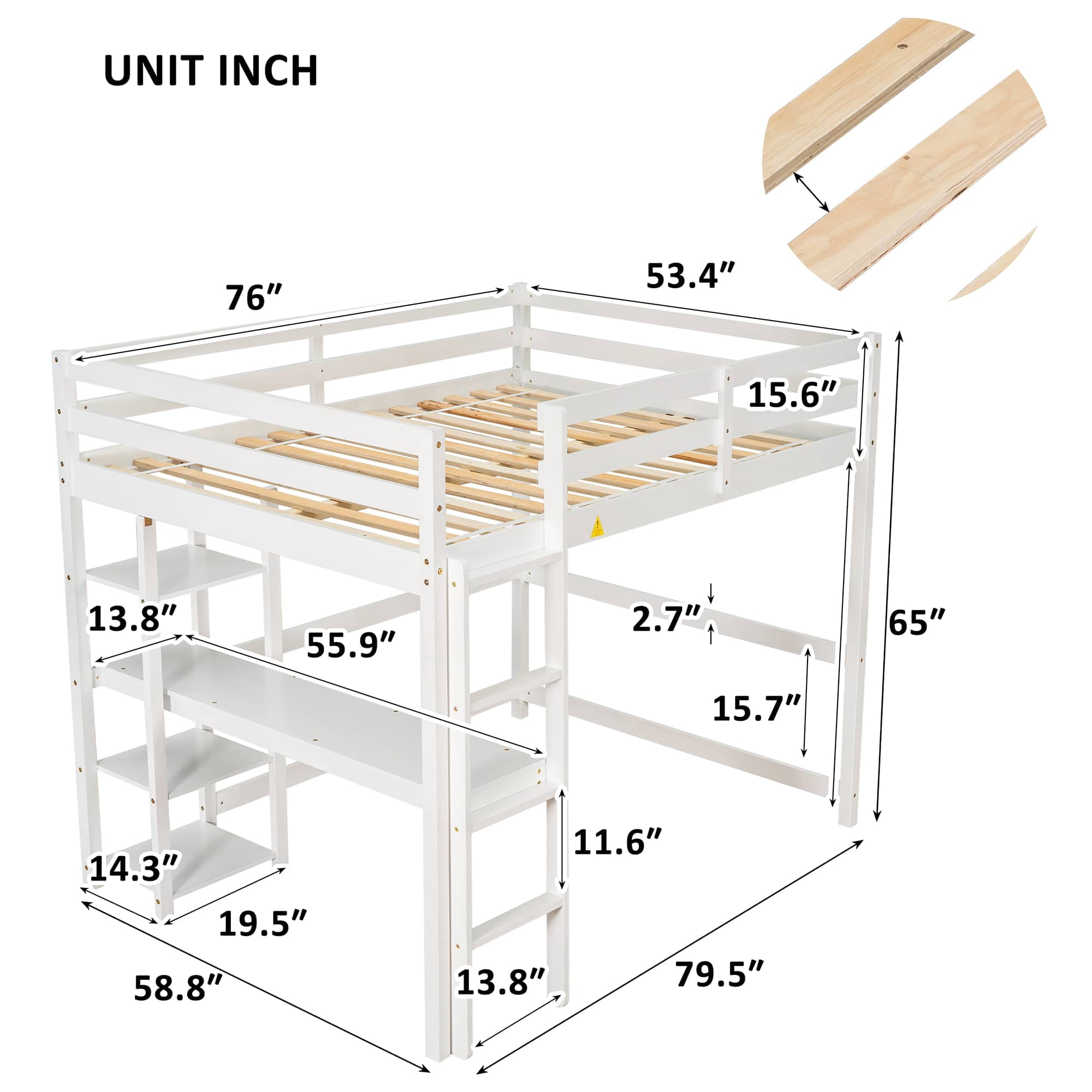 MAYEERTY Full Loft Bed with Desk, Shelves and Ladder, White