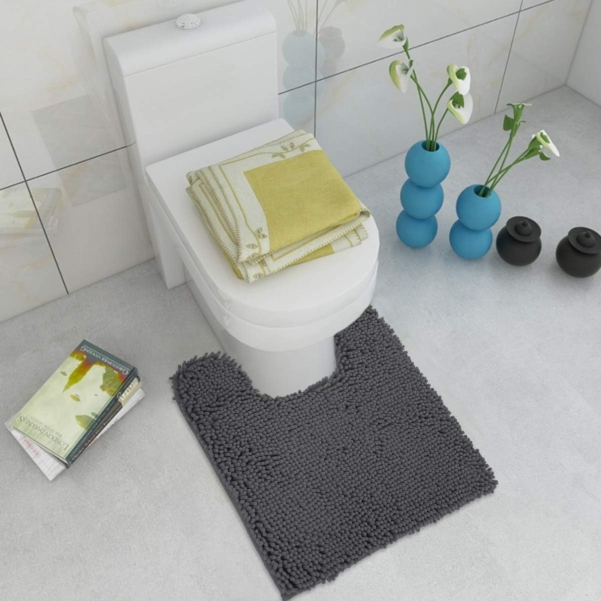 ITSOFT Luxury Bathroom Mats, Non-Slip Chenille Bathmat, Ultra Absorbent, U-Shaped, Charcoal Gray