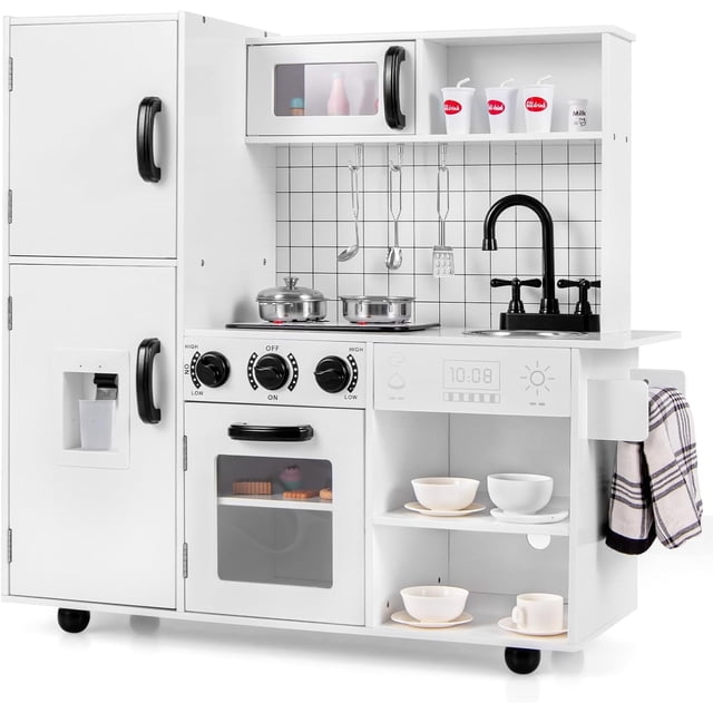 OLAKIDS Play Kitchen for Kids, Wooden Kids Play Kitchen Playset with Realistic Light & Sounds, Pots Pan Microwave Sink, Children Pretend Cooking Toy Set Gift for Toddler Boys Girls Ages 3+