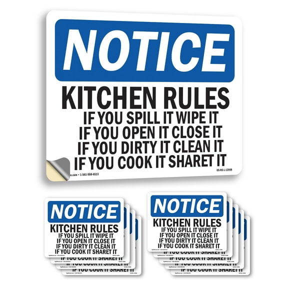 Kitchen Rules If You Spill It Wipe It If OSHA Notice Vinyl Decal Label 10 Inch x 7 Inch - 10 Pack