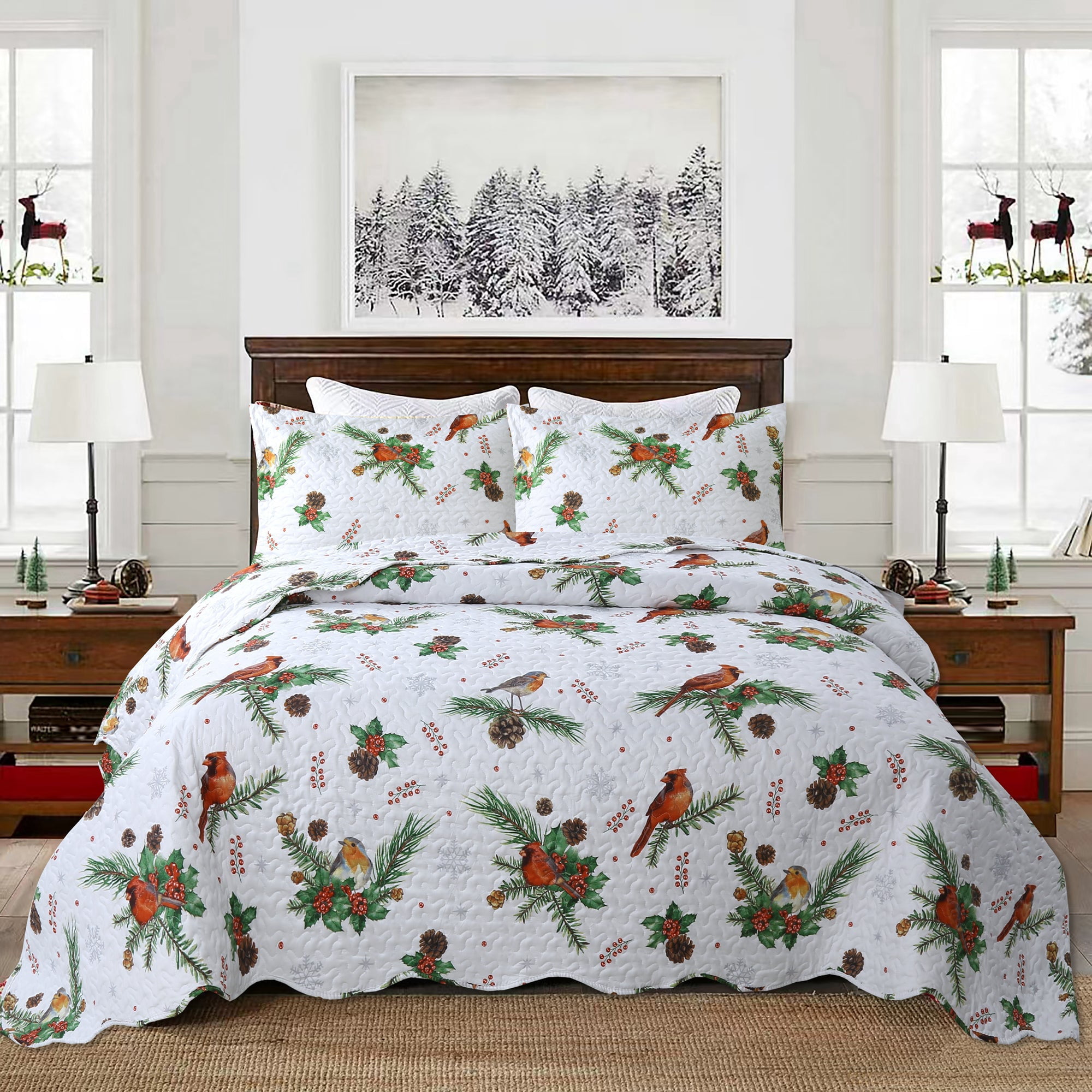 3 Pcs Winter Cardinals Christmas Quilt Bedspread Set Holiday Bedding