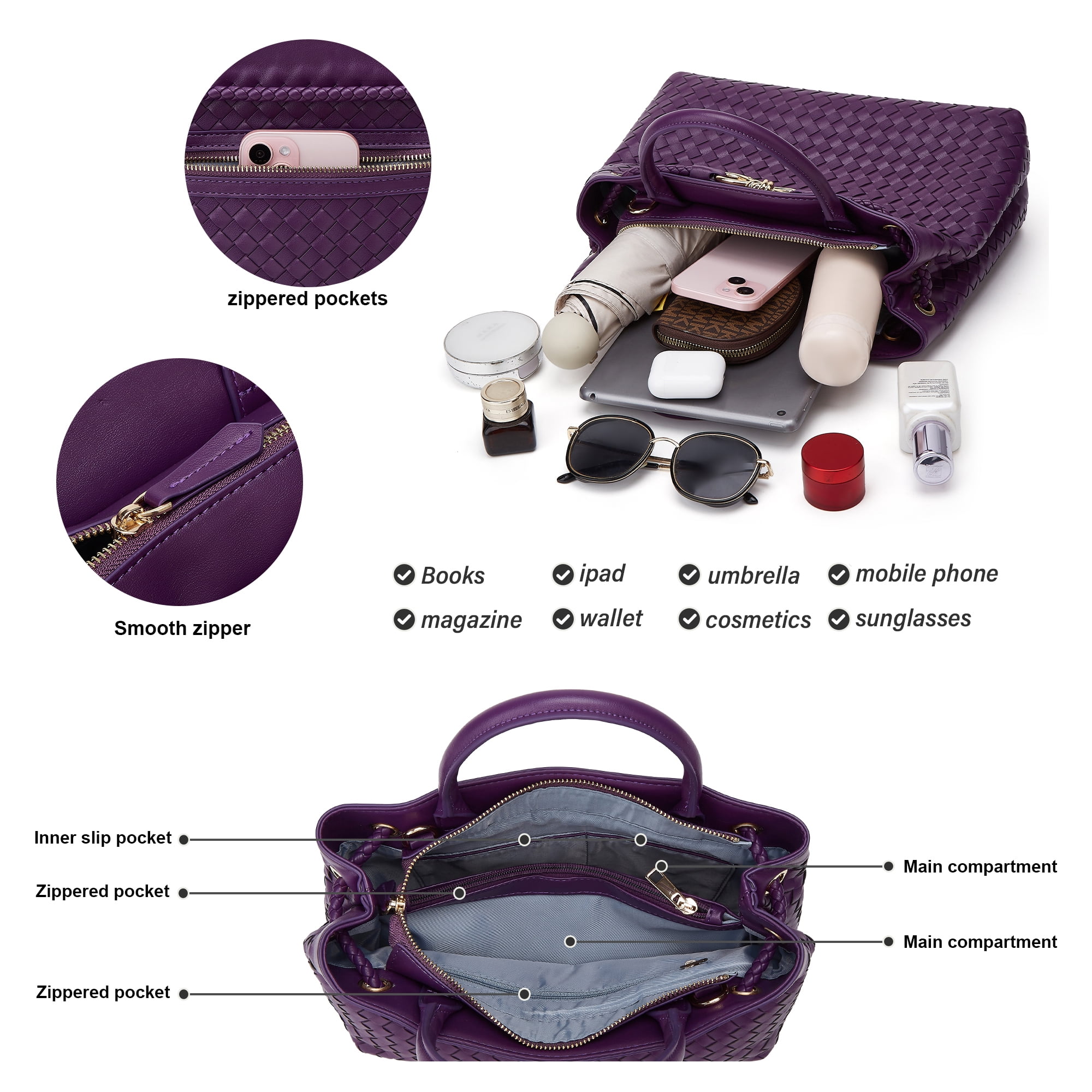Woven Bag for Women Shoulder Purse: Vegan Leather Handbag - Handmade Tote Bag - Elegant Satchel Bag with Bowknot (Purple Color)