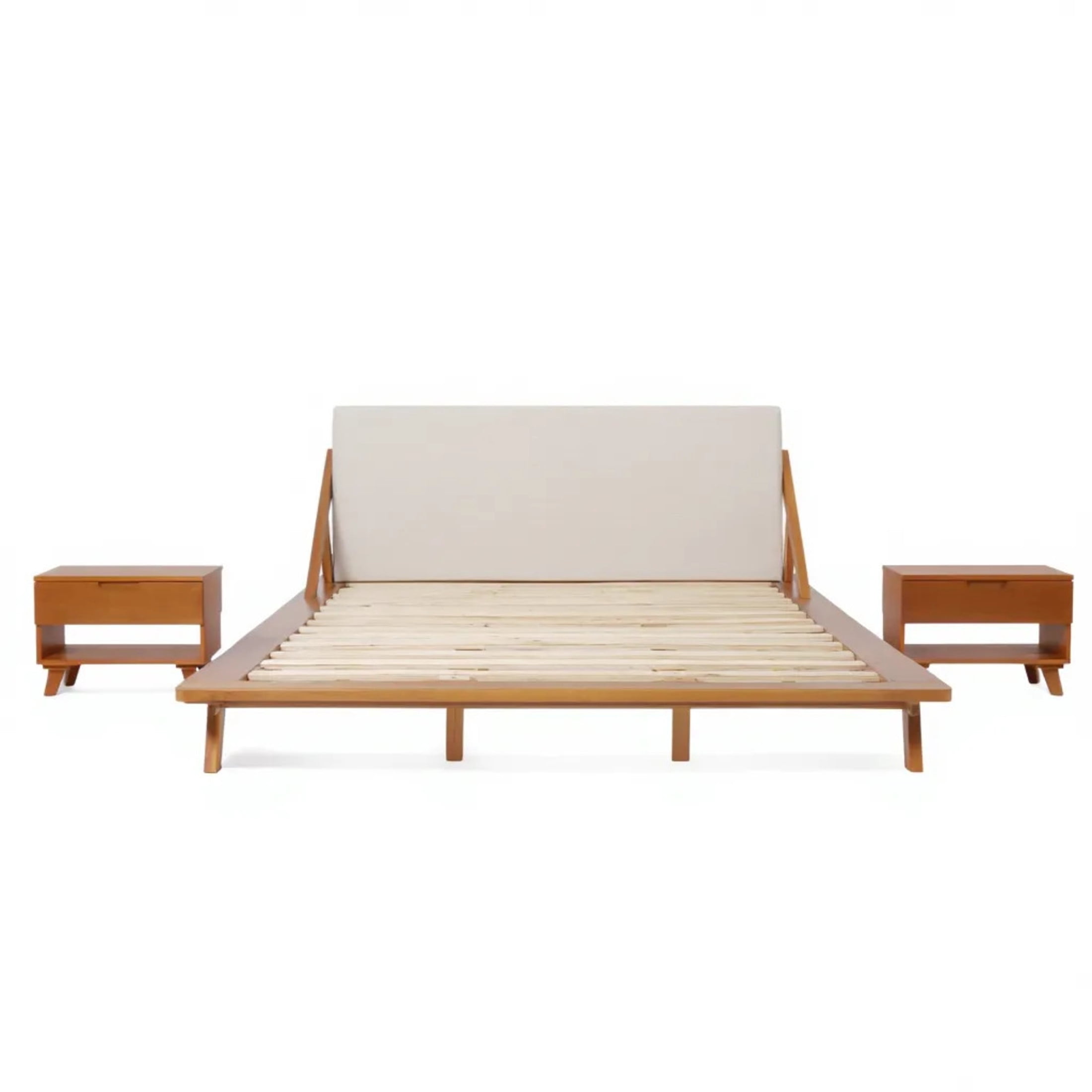 Christopher Knight Home King Wooden Bedroom Set, Upholstered Platform Bed with 2 Nightstands, Beige+Natural