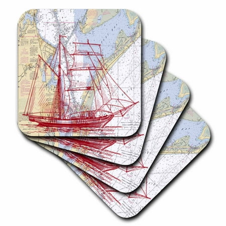 3dRose Print of Galveston Bay Nautical With Sailboat - Soft Coasters, set of
