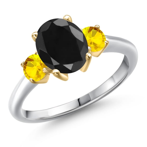 Gem Stone King 925 Silver and 10K Yellow Gold Black Sapphire and Yellow Sapphire Engagement Ring for Women | 3.22 Cttw | Oval 9X7MM | Gemstone September Birthstone | Size 8