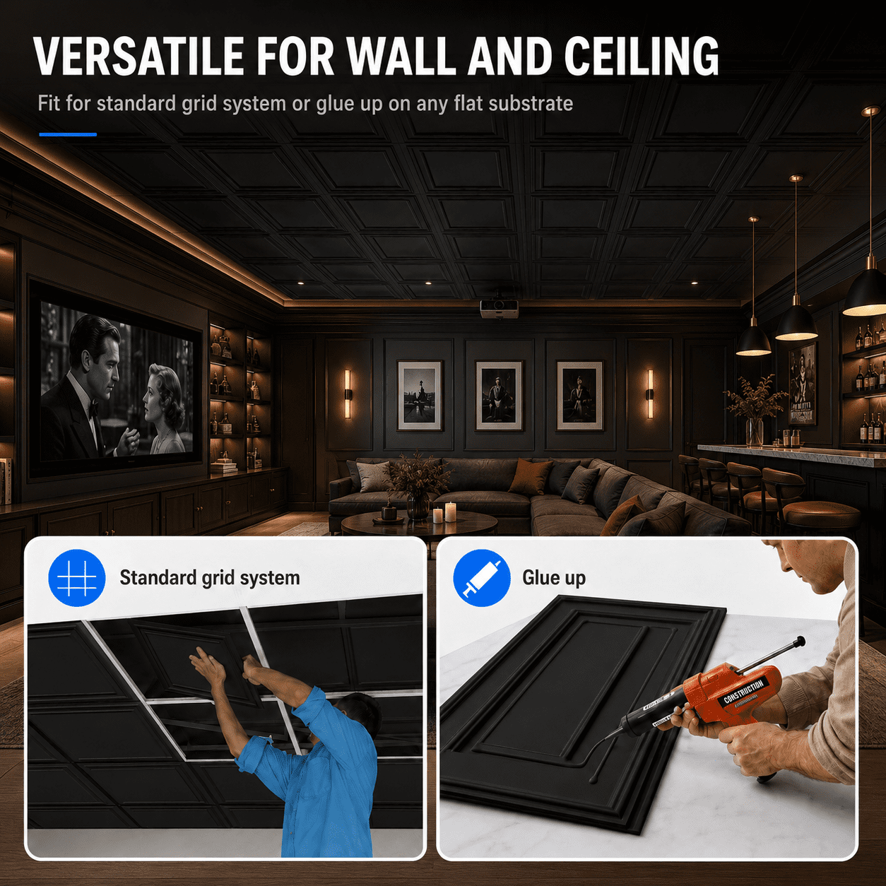 Yeslife 12pcs 24x48 in PVC Drop Ceiling Tiles, Black Matte 3D Embossed, Waterproof for Grid System Glue-Up, Basement Garage Office, 96 sq ft