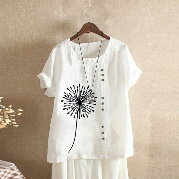 PBNBP Linen Shirts for Women,Women Cotton Linen Tshirt Tops Casual Loose Fit Dandelion Print Tees Short Sleeve Plus Size Button Tunic Blouses