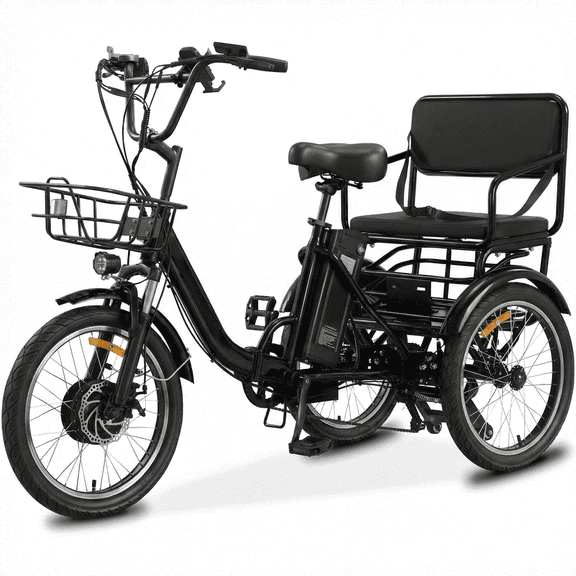 BROOBEY Electric Tricycle for Adults Folding Electric Trike 3 Wheel Electric Trike with Two-seater Large Basket Super Powerful Brushless 500W Motor 48V15AH Lithium Battery Max 20MPH E-Tricycle Black