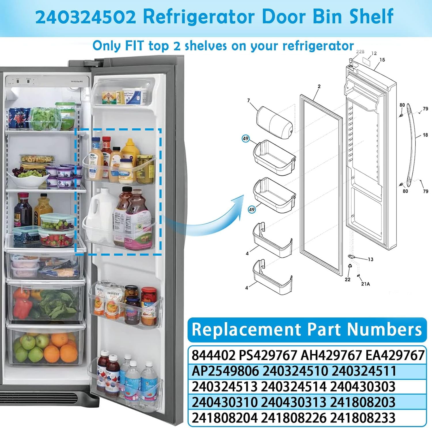 2PCS 240324502 Refrigerator Door Bin Shelf Replacement Compatible with Frigidaire Kenmore Electrolux Fridge Door Shelves Bin Part Fit Model LFSS2312TF0 LFSS2312TE0 LFSS2312TP0 FFSS2315TS0 FFSS2315TS2
