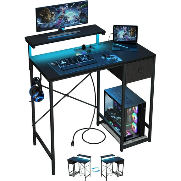 MY  33.5" Small Gaming Desk with LED Lights & Power Outlets, Compact Computer Desk with Monitor Stand & CPU Stand, Gamer Table with Storage Drawer, Side Hooks for Home Office, Bedroom, Black