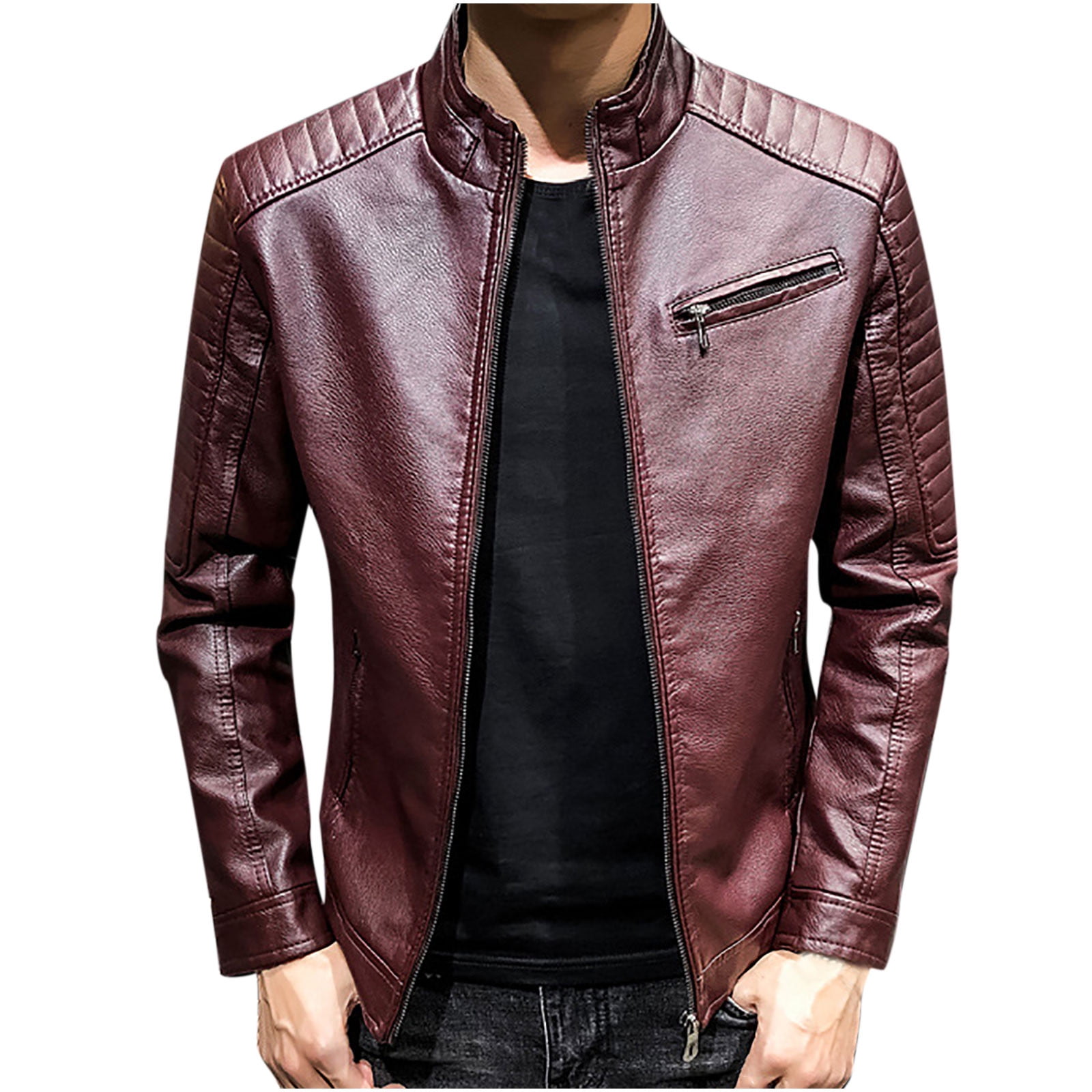 Christmas Gifts! purcolt Men's Plus Bomber Jacket, Christmas Fall Fashion Solid Collar Stand Collar Faux Leather Jacket Slim Fit Full Zipper Distressed Motorcycle Coat with Pockets - Walmart.com