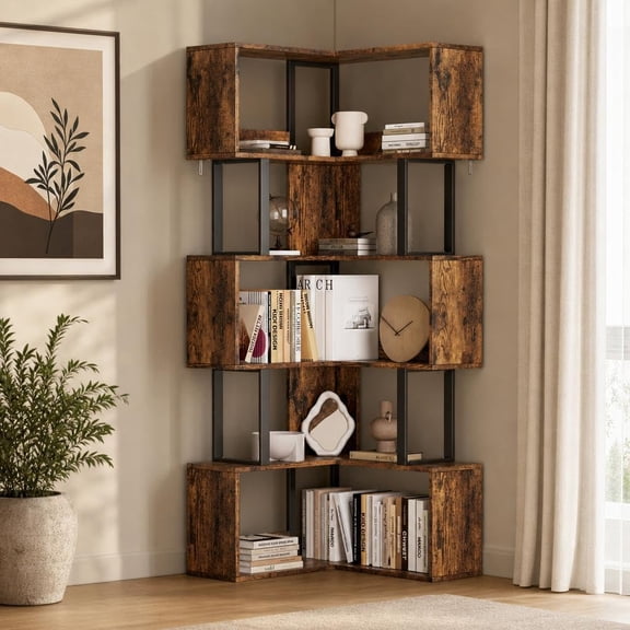 6-Tier Corner Bookshelf, 62.6 in Tall L-Shaped Industrial Freestanding Storage Shelf, Space-Saving Bookcase for Home Office and Living Room,Brown