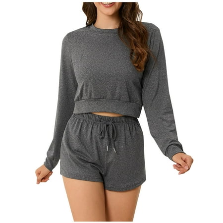

Besolor Women s Pajama Sets Casual Comfy Crewneck Long Sleeve Tops and Drawstring Shorts 2 Piece Outfits Sleepwear Pjs