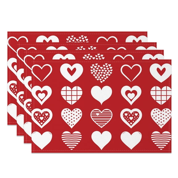 SUNOLIFE Valentine's Day Placemats Set of 4,Red Valentine Heart Table Place Mats 12x18 inch