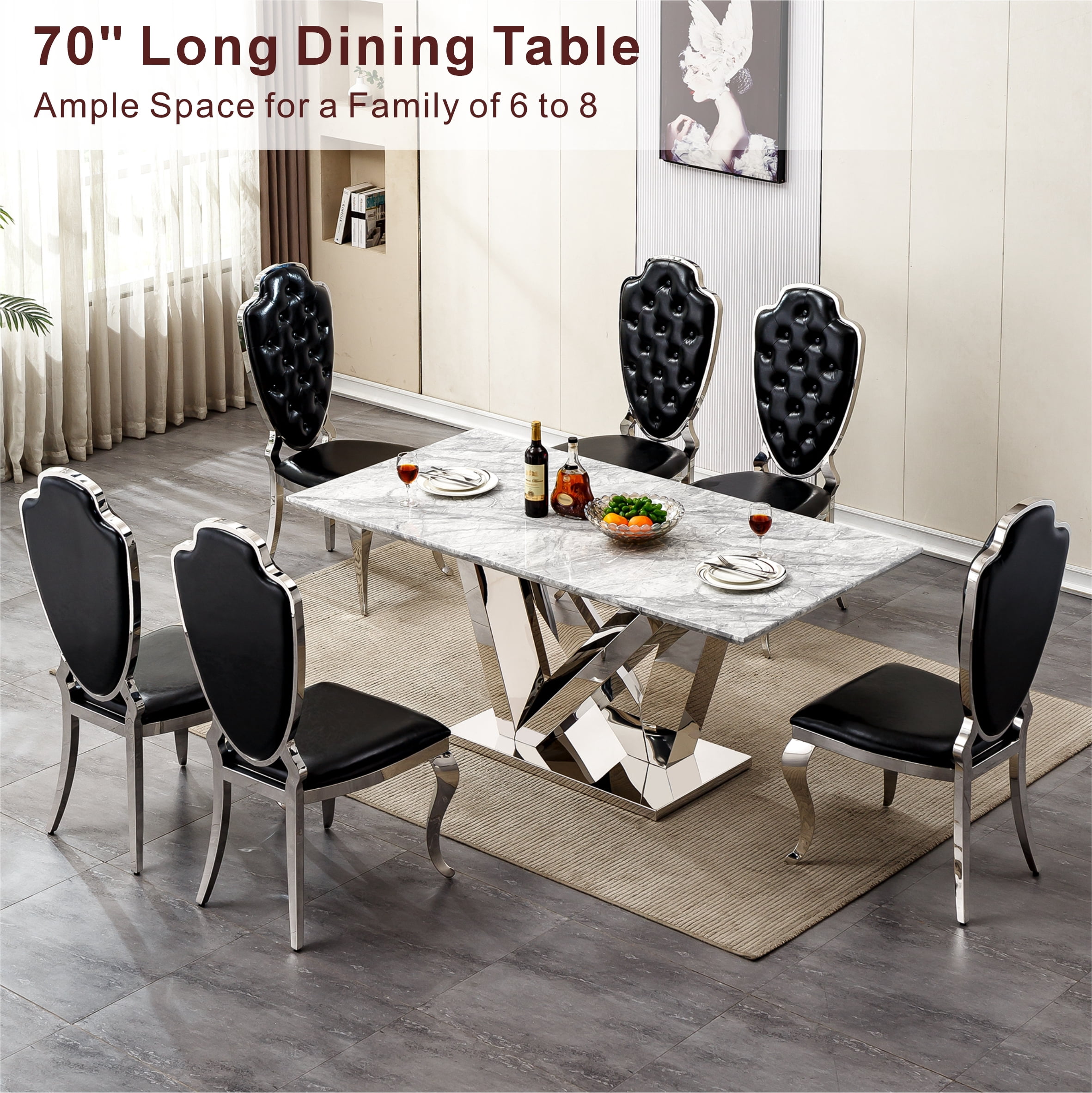 Shikeyi 70" Marble Dining Table for 6-8, Modern Luxury Silver Rectangular Large Kitchen Table, Marble Grain MDF Tabletop & Stainless Steel Base for Kitchen Dining Room, Grey (Table Only)