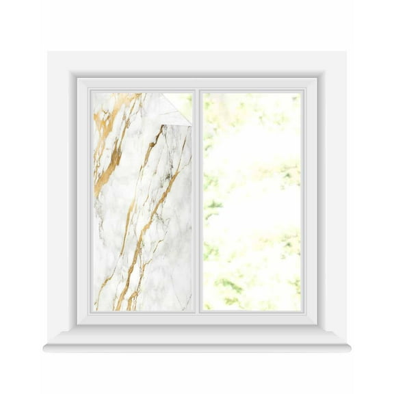 Window Privacy Film White Gold Stained Glass Window Film Decorative Sun Block Window Cover Modern Abstract Marble Geometric Window Clings Static Adhesive Sticker for Bathroom 19.6"x39.3"