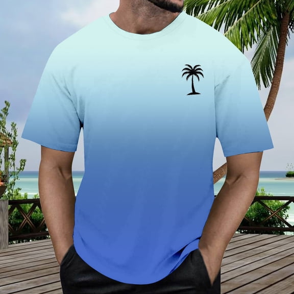 Mens T-shirts Short Sleeve Summer Gradient Color Print T Shirt Breathable Casual Daily Wear Outdoor Beach Tees Blue L