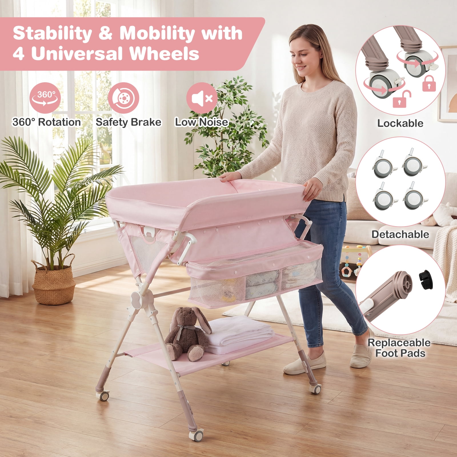 Infans Baby Changing Table w/Storage Bag Shelf Toys Lockable Wheels Adjustable Heights
