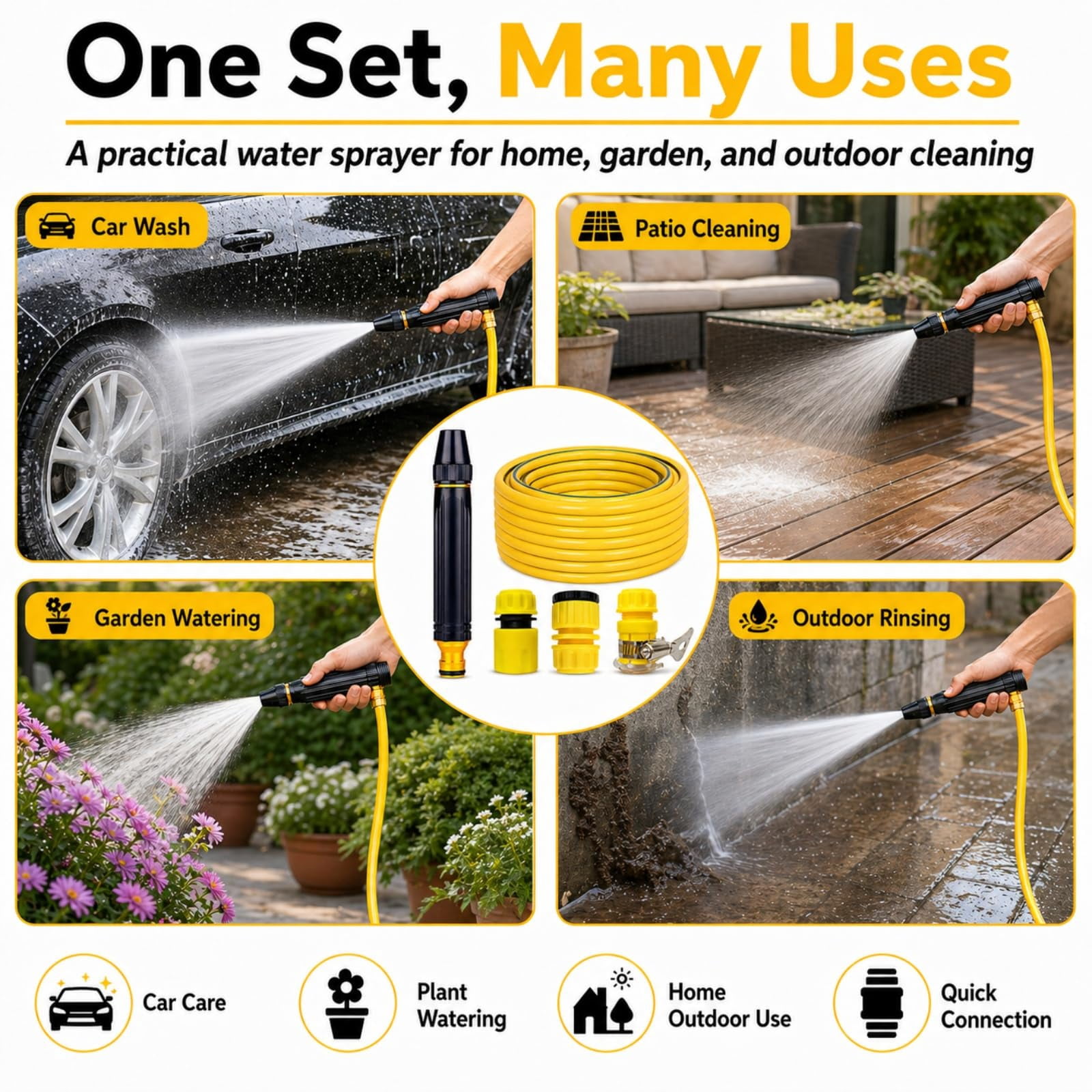 Home High-Pressure Car Wash Water Gun with Booster, Powerful Water Sprayer Kit with Hose and Nozzle, Garden Hose Spray Gun for Car Cleaning, Patio, Lawn and Plant Watering