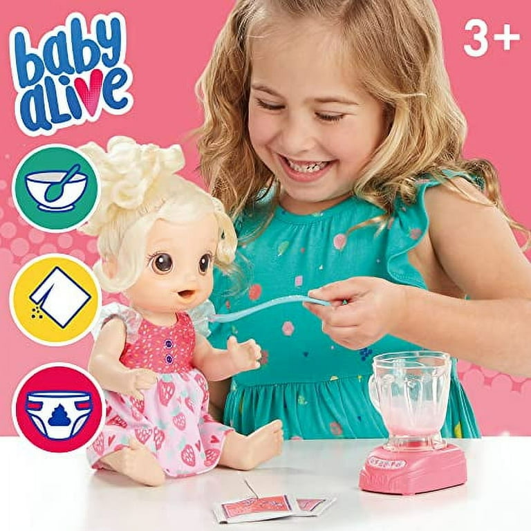 Baby Alive Magical Mixer Baby Doll Strawberry Shake with Blender Accessories Drinks Wets Eats Blonde Hair Toy for Kids Ages 3 and Up