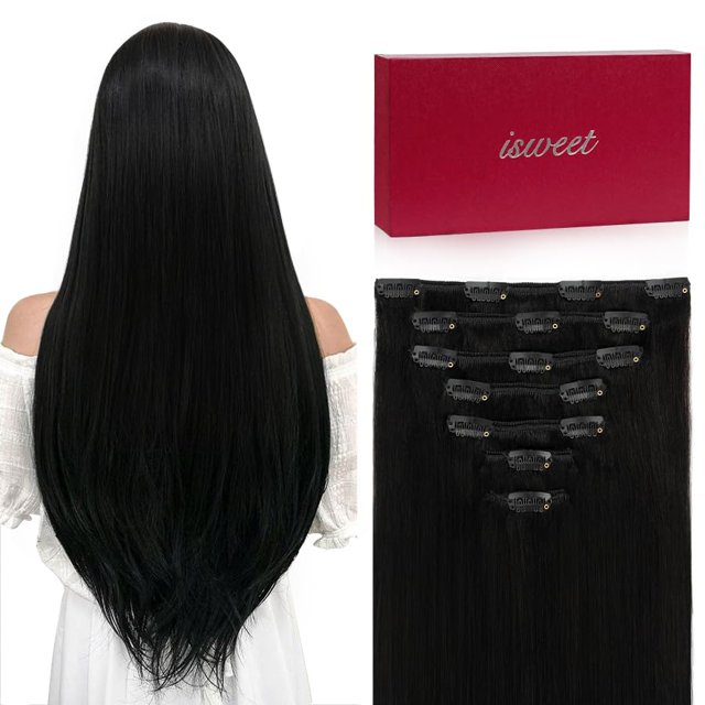 Extensiones de cabello ISWEET Straight Clip in 18 pulgadas 105 g #1 Jet Bla