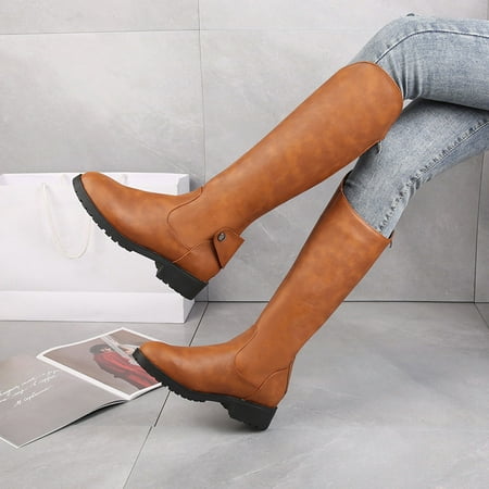 

Tejiojio Clearance Women s Shoes Fashion Round Toe Mid-heel High Barrel Knight Buckle Retro Long Women Boots