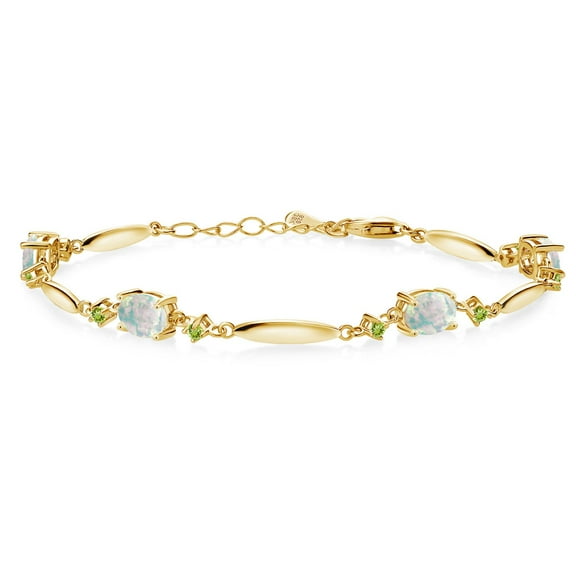 18K Yellow Gold Plated Silver Simulated White Opal and Green Peridot Tennis Bracelet for Women | 4.40 Cttw | Gemstone October Birthstone | Oval Cabochon 7X5MM | 6 inch   1 inch Extender