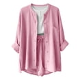 thumbnail image 4 of Kinrui Linen Sets for Women 2 Piece Outfits Long Sleeve Button Down Shirts & Drawstring Gauze Shorts Pink XL, 4 of 5