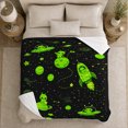thumbnail image 5 of Playful Neon Green Aliens Rockets Outer Space, Playful Fantasy Scene, Warm Flannel Blanket for Living Room and Bedroom, Celestial Art Lovers Housewarming Gift, Fantasy Home Decor, 5 of 9