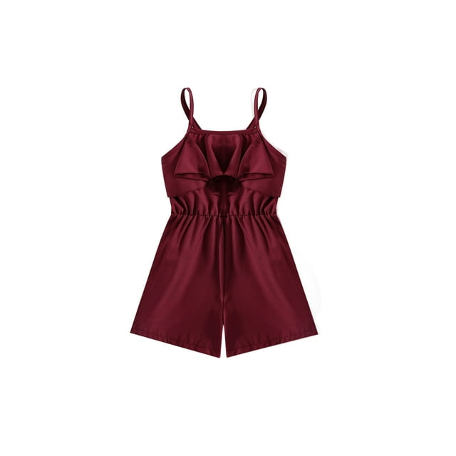Kmbangi Kid Girls Casual Playsuit Spaghetti Straps Sleeveless Solid Color Ruffle Short Jumpsuit