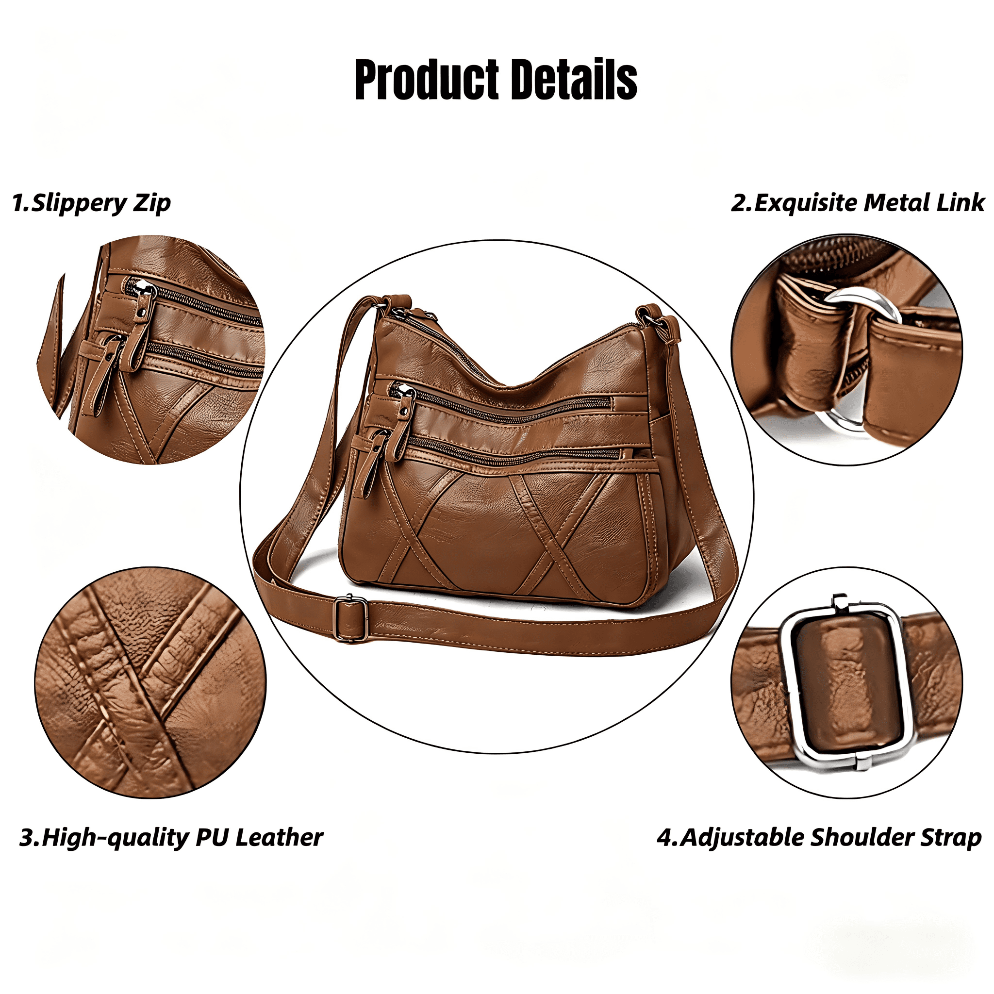 FIDAC Women's Shoulder Bag PU Leather Solid Multi Pocket Crossbody Bag, Brown, 1-Piece