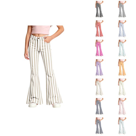 Girls Flare Pants 70s Classic Casual Y2k Striped Bootcut Pants Bell Bottoms Trousers with Pockets 5-16 Years