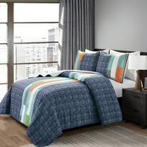 Lush Decor Shelly Stripe Geometric Cotton Reversible Quilt, Full/Queen, Navy/Orange, 3-Pc Set