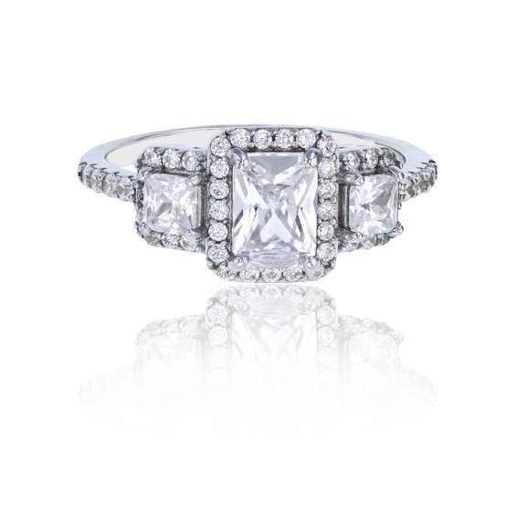 Decadence Sterling Silver Rhodium 7x5mm Emerald Cut with 3.5mm Princess Cut Sides Halo Ring