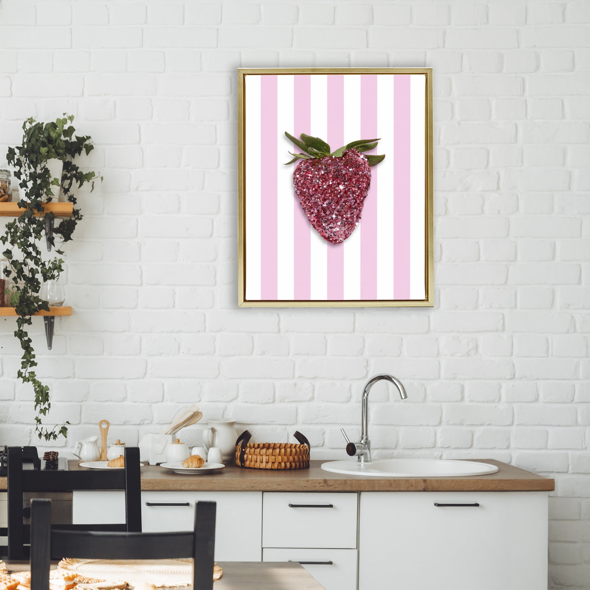 Stupell Industries Glimmer Strawberry on Green Stripes Gold Framed Floater Canvas Wall Art, design by LISH Creative