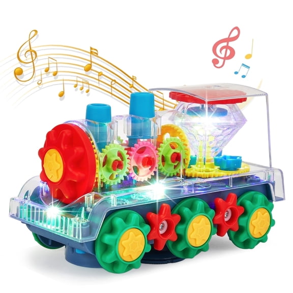 Lictin Electric Gear Train Toy for Toddlers, 360 Rotating Transparent Toy Train with Flashing Lights & Music, Bump and Go Train Toys Gift for Boys Girls