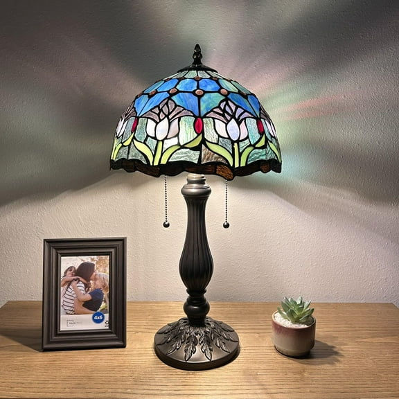 Tiffany Table Lamp Purple Blue Stained Glass Tulips Pull Chain Switches LED Bulbs Included for Living Room Dining Room Bedroom Bedside 12"W*12"D*22"H