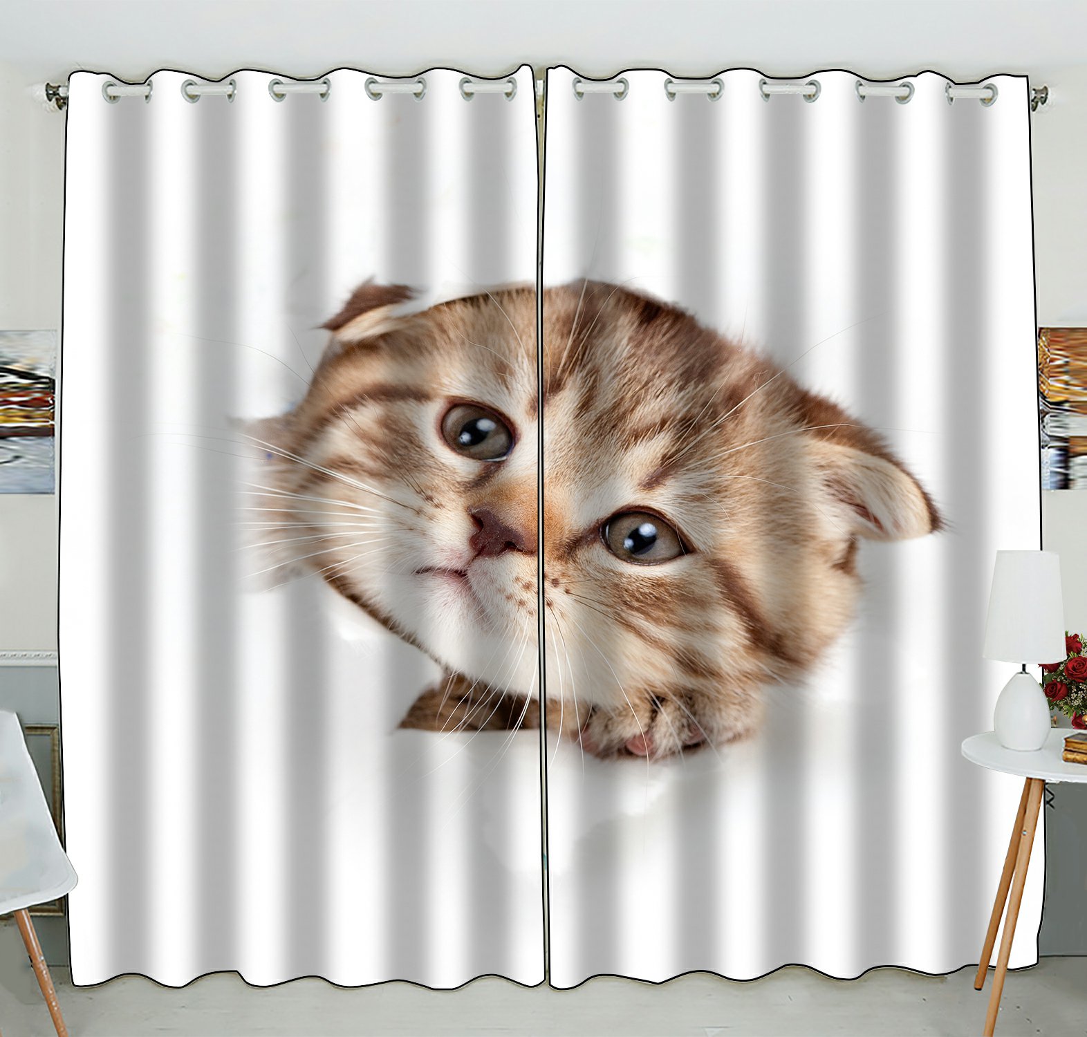 Phfzk Funny Kitten Window Curtain, Animal Cat Looking Out Paper Hole