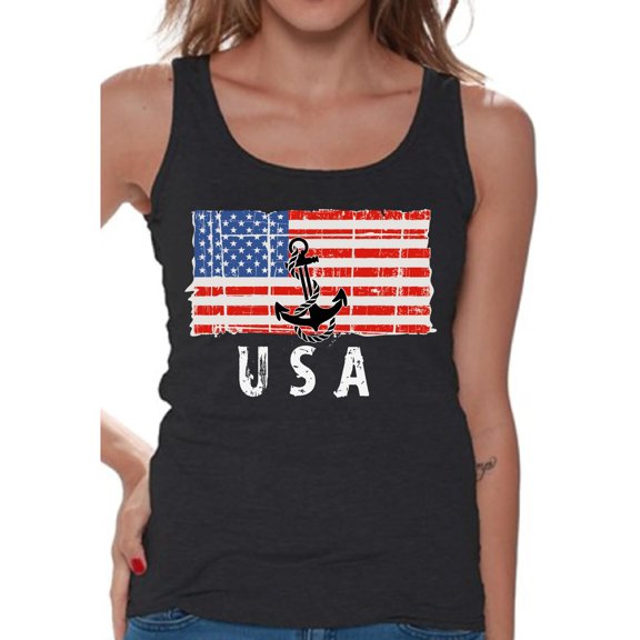 Awkward Styles Anchor USA Women Tank Top USA Patriotic Gifts Retro USA Shirt for Women Proud American USA Patriotic Women Tank 4th of July Gifts 4th of July Top for Women I'm American