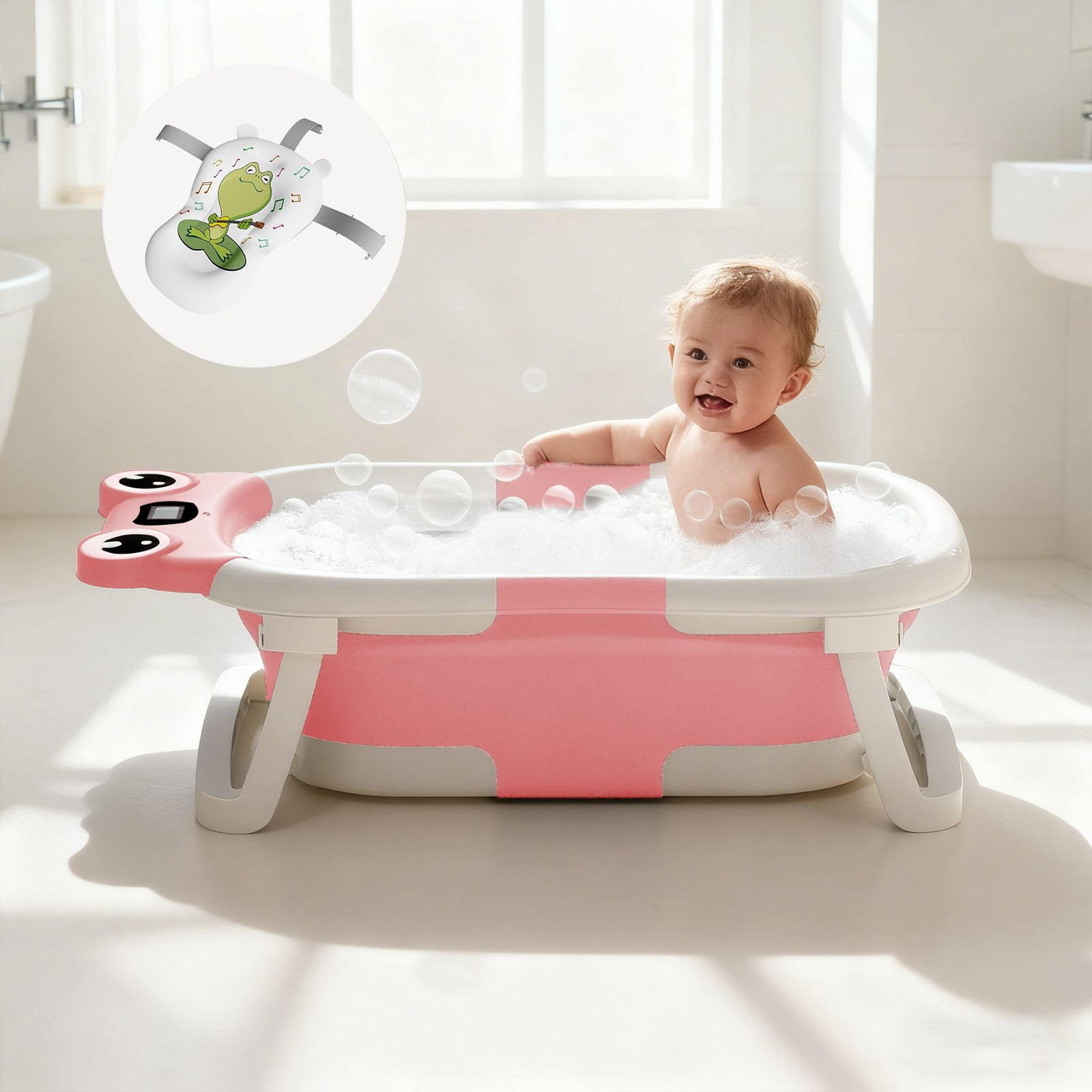 stusgo Collapsible Baby Bathtub, Plastic Frog Baby Bath Tub with Soft Cushion & Thermometer（Pink）