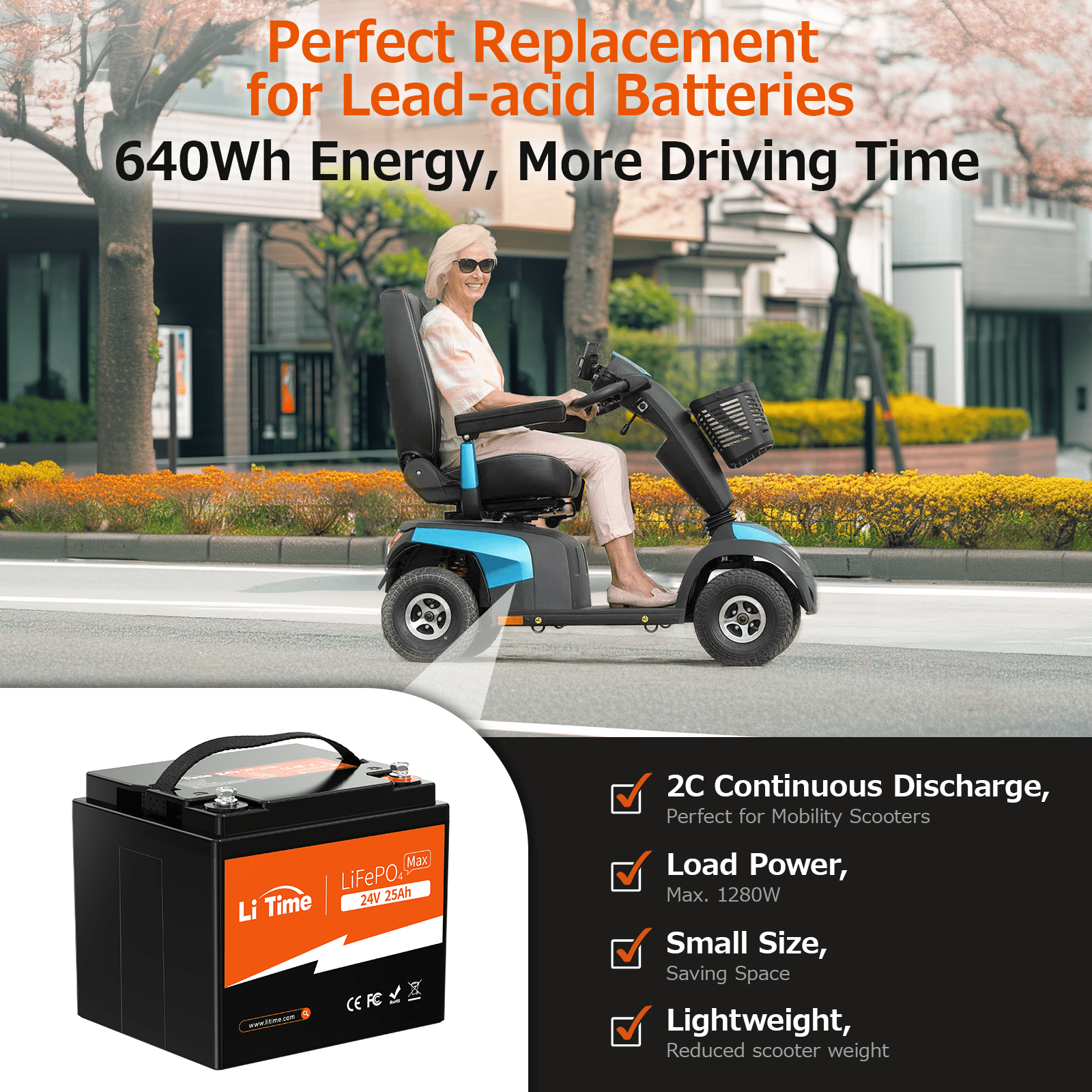 LiTime 25.6V 25Ah Lithium Battery Electric Wheelchair LiFePO4 Battery 2C Discharge Rate 50A BMS
