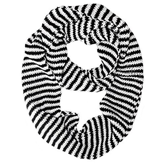 Peach Couture Warm Knitted Soft Light Striped Infinity Loop Scarf White and Black
