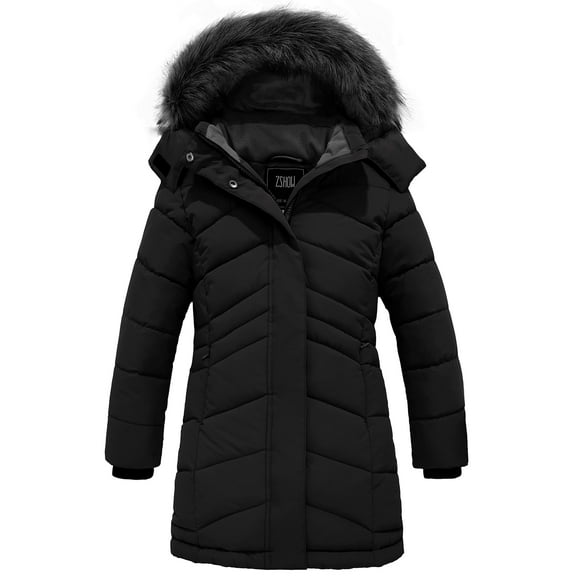 ZSHOW Girls' Winter Jacket Warm Winter Coat with Hood Winter Puffer Coat Black 10/12