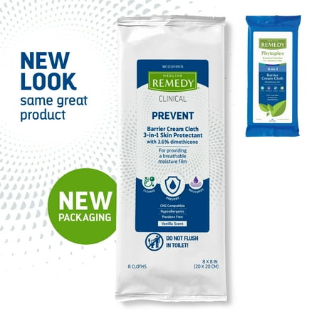 Medline Remedy Clinical 3-in-1 Barrier Cream Cloth Adult Wet Wipes, Vanilla Scent, 8 x 8in