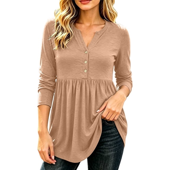 Women's Casual Long Sleeve Peplum Tops V Neck Button Front Shirts Soft Loose Fit Tunic Blouse with Flattering Waist Design Lightweight Everyday Wear Top for Work Travel and Weekend Outfits